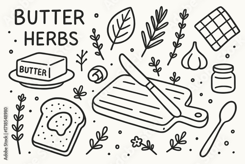 Butter Herb Doodle. Hand-drawn doodle illustration Butter and Herbs butter stick, herb leaf, rosemary, thyme, garlic, butter swirl, knife, cutting board, tiny