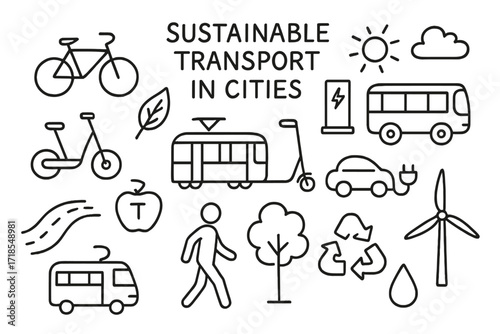 Sustainable Transport Doodles. Hand-drawn doodle illustration Sustainable transport in cities [bicycle, bus, tram, electric scooter, charging station, car with
