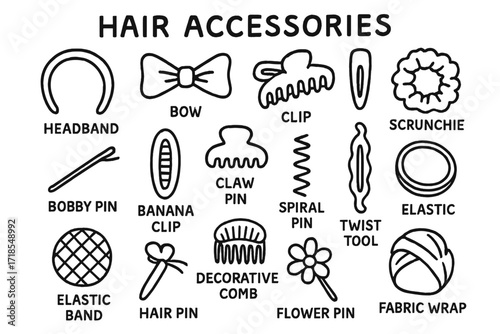 Hair Accessories Icons. Hand-drawn doodle illustration Hair Accessories in Use headband, bow, clip, scrunchie, bobby pin, banana clip, claw clip, spiral pin,