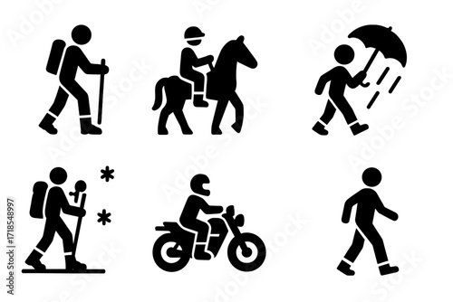 Boot Activities Icons. Solid, filled icon set of boot activities: trekking, riding horse, construction work, walking in rain, snow hiking, motorbiking,