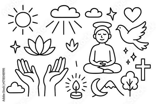 Spiritual Awakening Symbols. Hand-drawn doodle illustration Spiritual awakening [sun, clouds, light rays, star, heart, lotus flower, meditating figure, halo,