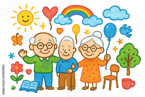 Joyful Elderly Celebration. Colorful Hand-drawn doodle Children illustration Joyful Old Age elderly couple, balloons, rainbow, sun, clouds, flower, butterfly,
