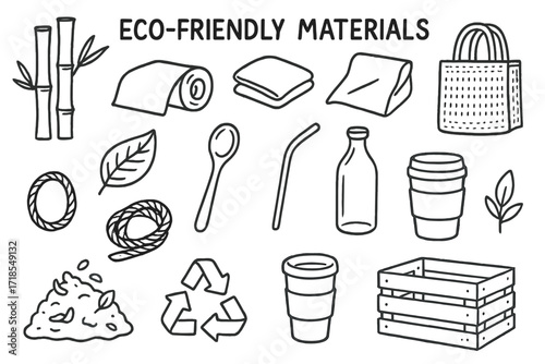 Eco-friendly Icons. Eco-friendly materials. Hand-drawn doodle illustration eco-friendly materials bamboo, paper roll, cloth, jute bag, cardboard, glass bottle,