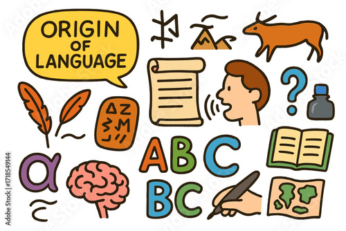 Origins of Language. Colorful Hand-drawn doodle Children illustration Origin of language speech bubble, ancient script, cave painting, feather pen, scroll,