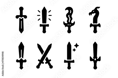 Fantasy Sword Icons. Solid, filled icon set of fantasy swords: enchanted sword, glowing sword, cursed sword, dragon sword, crystal sword, twin swords, magic