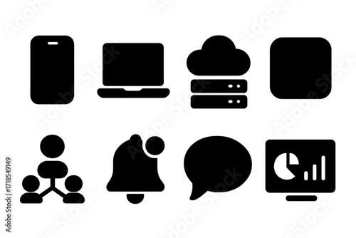Digital Platform Icons. Solid, filled icon set of digital platforms: smartphone, laptop, cloud server, app icon, social network, notification bell, chat