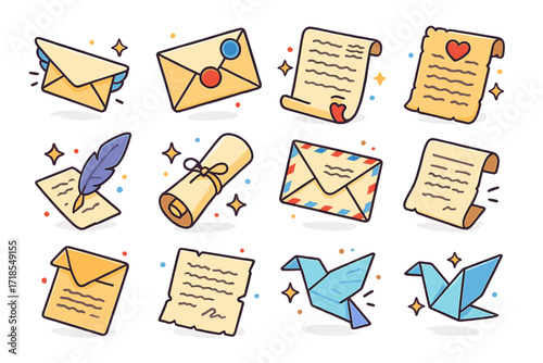 Vintage Correspondence Icons. Colorful isometric vector icons set of vintage letters and correspondence: flying envelope, stamped letter mid-air, wax-sealed