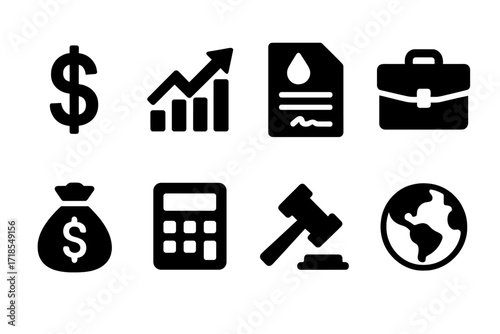 Oil Finance Icons. Solid, filled icon set of oil market and finance: dollar sign, stock chart, contract, briefcase, money bag, calculator, auction hammer,