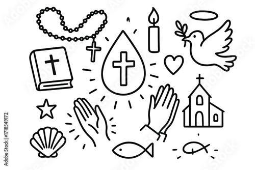 Baptism Faith Icons. Hand-drawn doodle illustration baptism and faith water droplet, cross, candle, dove, Bible, praying hands, shell, fish symbol, star,