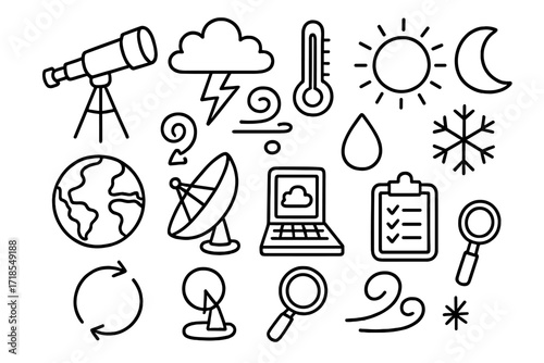 Weather Science Doodles. Hand-drawn doodle illustration atmospheric science lab telescope, cloud, lightning bolt, thermometer, wind swirl, sun, moon, raindrop,