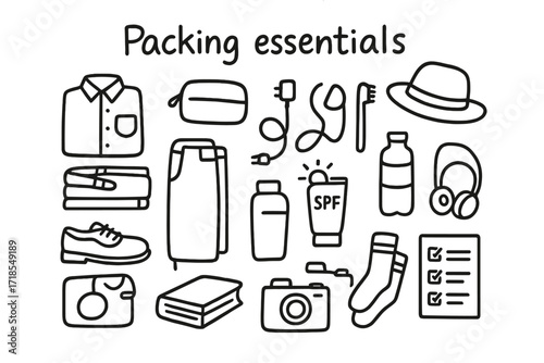 Packing Essentials Doodle. Hand-drawn doodle illustration Packing essentials [suitcase, folded shirt, pants, shoes, toiletry bag, toothbrush, sunscreen bottle,