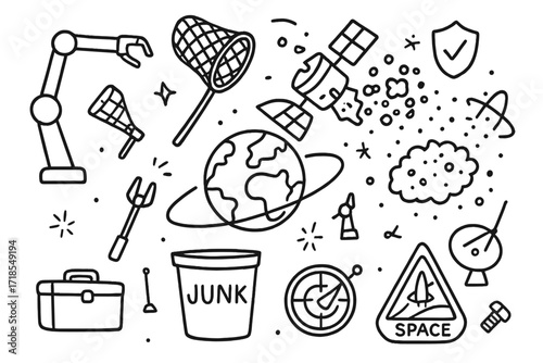 Space Debris Collection. Hand-drawn doodle illustration space junk cleanup robotic arm, net, broken satellite, claw grabber, Earth in background, container,