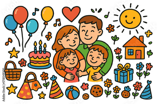 Colorful Family Celebration. Family Celebration. Colorful Hand-drawn doodle Children illustration Family Celebration cake, balloons, heart, family hug, smiling