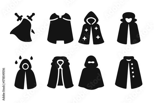 Cape Icons Collection. Solid, filled icon set of cape uses: battle cape, ceremonial cape, magical cloak, disguise cape, rain cape, warmth cape, stealth cloak,