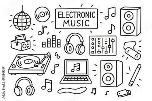 DJ Booth Doodle. Hand-drawn doodle illustration electronic music DJ booth, turntable, headphones, mixer, speakers, vinyl record, equalizer, laptop, neon sign,