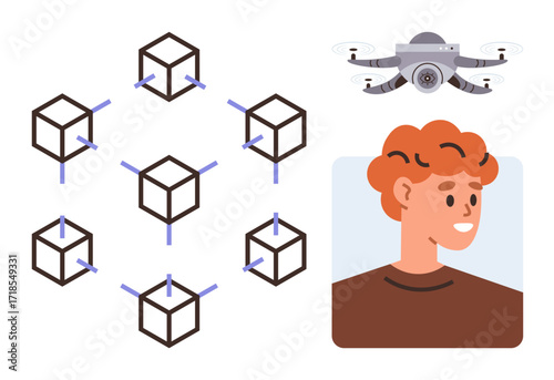 Blockchain cubes connected in a digital network, a quadcopter with camera lens hovering, and a smiling person. Ideal for tech innovation, blockchain, quadcopters, security, networking, AI and digital