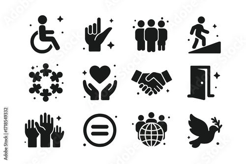 Inclusion Icon Set. Inclusion. Solid icons set of wheelchair symbol, sign language hand, diverse people, accessible ramp, inclusive circle, support heart,