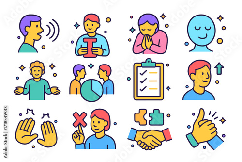 Conflict Resolution Icons. Colorful isometric vector icons set of conflict resolution dialogue: calming tone, using "I" statements, apology gesture, listening