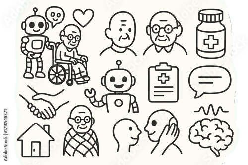 Robot Caregiving Doodle. Hand-drawn doodle illustration [Robot companionship and caregiving] [robot, wheelchair, heart, elderly person, pill bottle, care
