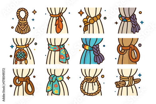 Bohemian Curtain Tie Icons. Colorful isometric vector icons set of bohemian curtain ties: macrame loop, feather tie, wooden bead string, natural hemp rope,