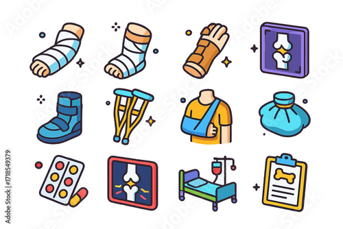 Fracture Treatment Icons. Colorful isometric vector icons set of fractured bone treatment: arm cast, leg cast, wrist brace, x-ray image, orthopedic boot,