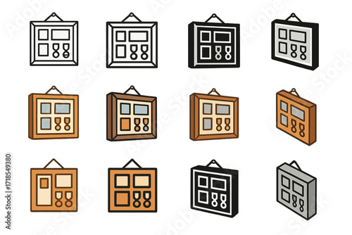 Heritage Wall Logo Grid. Set Logo of creating a family heritage wall with photos and heirlooms: shadow box with medals. Logo set in vector style, emblematic