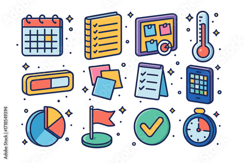 Goal Tracking Icons. Colorful isometric vector icons set of Goal Tracking Tools: wall calendar, daily planner, vision board, goal thermometer, progress bar,