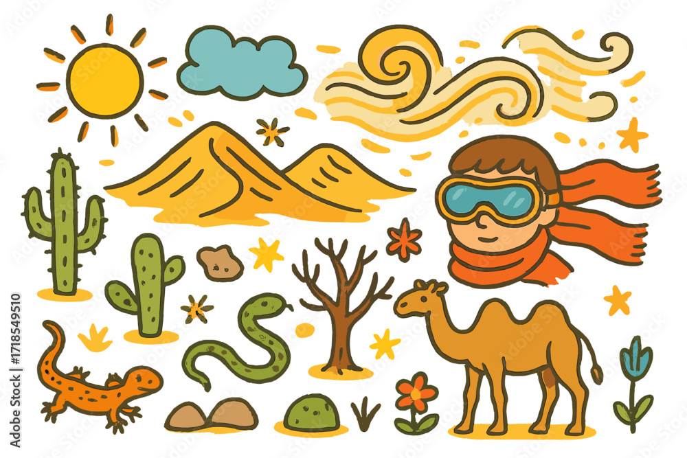Obraz premium Desert Doodle Elements. Colorful Hand-drawn doodle Children illustration Sandstorm [sand dune, cactus, wind swirl, cloud, sun, goggles, scarf, lizard, snake,