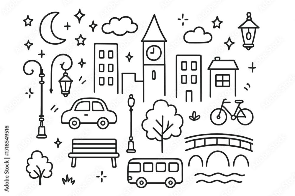 Fototapeta premium Whimsical Night Cityscape. Hand-drawn doodle illustration Night city [buildings, streetlamp, car, moon, stars, clock tower, bench, tree, window, bridge, bus,