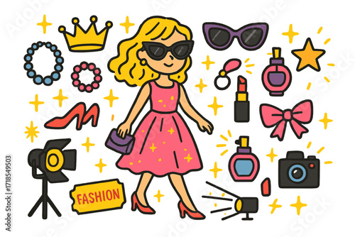 Playful Fashion Icons. Colorful Hand-drawn doodle Children illustration Elegant fashion runway dress, high heels, crown, sunglasses, clutch bag, necklace,