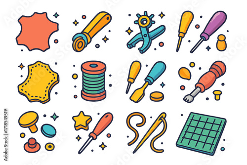 Leather Crafting Icons. Colorful isometric vector icons set of leather crafting: leather hide, rotary cutter, hole punch tool, stitching awl, leather pattern,
