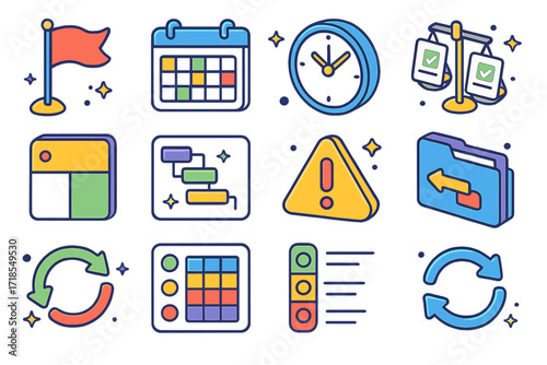 Task Management Icons. Colorful isometric vector icons set of task scheduling and priority: priority flag, calendar grid, clock icon, task weights, time slot