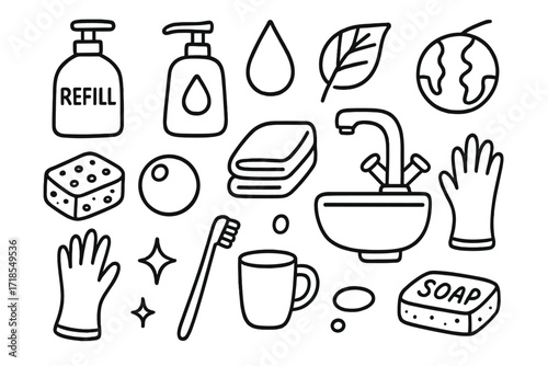 Eco-Friendly Cleaning Doodles. Hand-drawn doodle illustration Eco-friendly soap dispenser refill bottle, soap dispenser, droplet, leaf, globe, sponge, bubble,