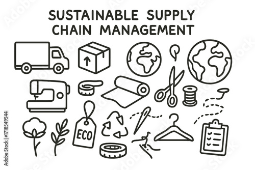 Sustainable Supply Chain Icons. Hand-drawn doodle illustration Sustainable supply chain management, delivery truck, box, globe, sewing machine, fabric roll,