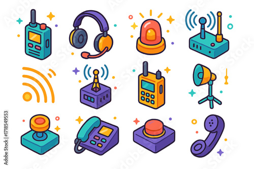 Radio Communication Icons. Colorful isometric vector icons set of radio communication tools: walkie-talkie, headset with mic, emergency beacon,