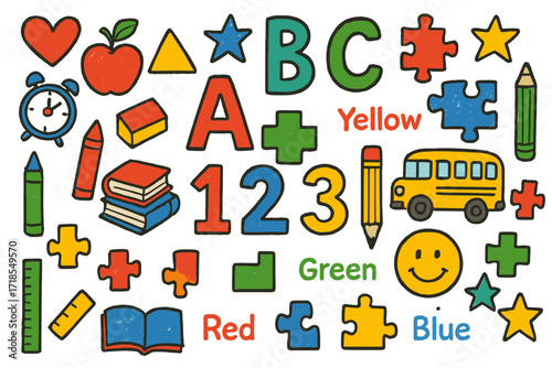 Educational Kids Doodle. Colorful Hand-drawn doodle Children illustration Educational rug ABC letters, numbers, geometric shapes, colors, books, apples,