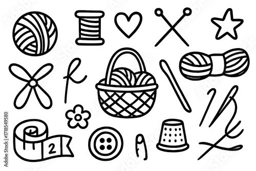 Yarn and Fiber Essentials. Hand-drawn doodle illustration Yarn and fiber essentials [yarn ball, spool, thread, basket, wool skein, scissors, measuring tape,