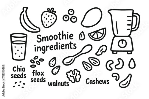 Fruit Smoothie Doodle. Hand-drawn doodle illustration smoothie ingredients banana, strawberry, blueberry, mango, apple slice, orange wedge, chia seeds, flax