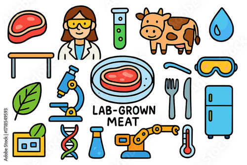 Lab-Grown Meat Doodle. Colorful Hand-drawn doodle Children illustration Lab-Grown Meat petri dish, steak, scientist, test tube, cow icon, droplet, lab table,