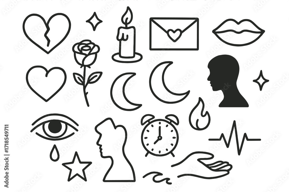 Fototapeta premium Hearts and Symbols Doodle. Hand-drawn doodle illustration love and longing heart, rose, candle, letter, lips, moon, silhouette, teardrop, eye, clock, flame,