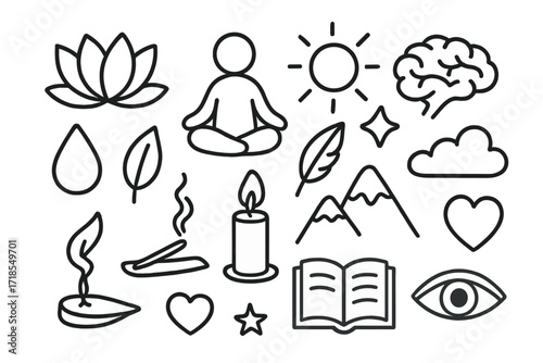 Zen Symbols Medley. Hand-drawn doodle illustration mindfulness practice lotus flower, meditation person, brain, leaf, water droplet, incense, candle, heart,
