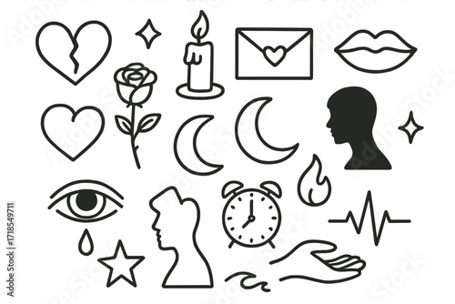 Hearts and Symbols Doodle. Hand-drawn doodle illustration love and longing heart, rose, candle, letter, lips, moon, silhouette, teardrop, eye, clock, flame,