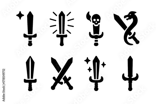 Fantasy Sword Icons. Solid, filled icon set of fantasy swords: enchanted sword, glowing sword, cursed sword, dragon sword, crystal sword, twin swords, magic