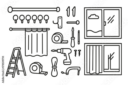 Curtain Installation Doodle. Hand-drawn doodle illustration hanging new curtains curtain rod, fabric panel, drapery rings, hooks, finial, step ladder, tape