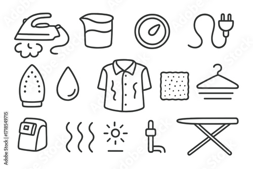 Steam Iron Doodle Icons. Hand-drawn doodle illustration Steam Iron steam icon, water tank, dial, cord, iron soleplate, plug, mist droplet, wrinkled shirt,