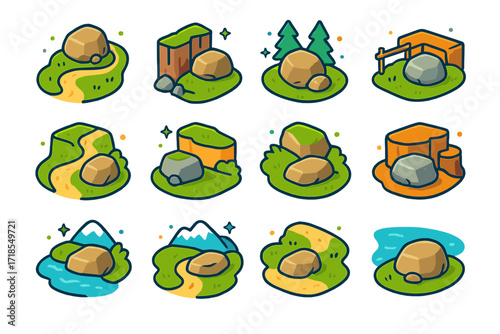 Isometric Boulder Icons. Colorful isometric vector icons set of Boulder in Landscapes: trail boulder, cliffside boulder, national park boulder, scenic overlook
