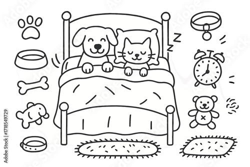 Cozy Pet Bed. Hand-drawn doodle illustration [pets in bed] [dog, cat, bed, blanket, pet bowl, chew toy, pillow, paw print, collar, stuffed toy, tail wag, alarm