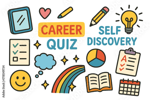 Career Quiz Doodle. Colorful Hand-drawn doodle Children illustration Career Quiz and Self Discovery question card, mirror, heart icon, pencil, pie chart,