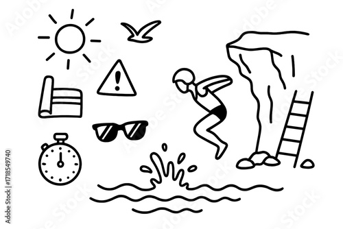 Cliff Diving Doodle. Hand-drawn doodle illustration Cliff diving [diver silhouette, splash, water wave, cliff edge, swimsuit, towel, sun, ladder, caution sign,