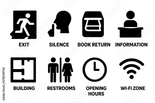 Library Icon Set. Solid, filled icon set of library signage: exit sign, silence sign, book return box, information desk, floor plan, restroom sign, opening